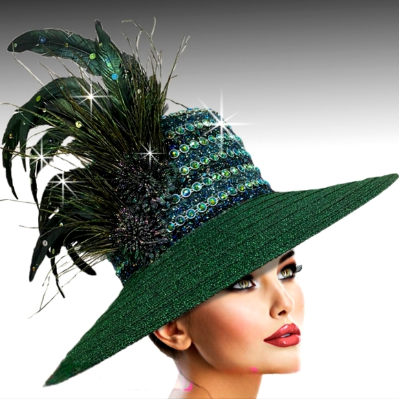 JUST IN Exquisite Green Couture Cowgirl Cowboy Western Jewels Crown Feathers Hat - Picture 1 of 1